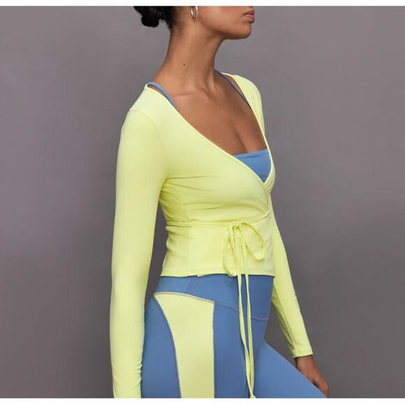 Carbon38 Long Sleeve Tie Top in Melt Medium Green Yellow Neon Ballet Wrap Shirt - Picture 10 of 10